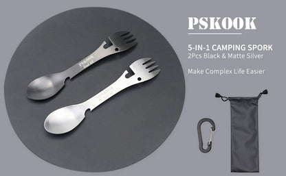 PSKOOK 5-in-1 Utility Tactical Spork, Stainless Steel Spoon & Bottle Opener, Fork & Knife, Can Opener Combo Camping Utensil