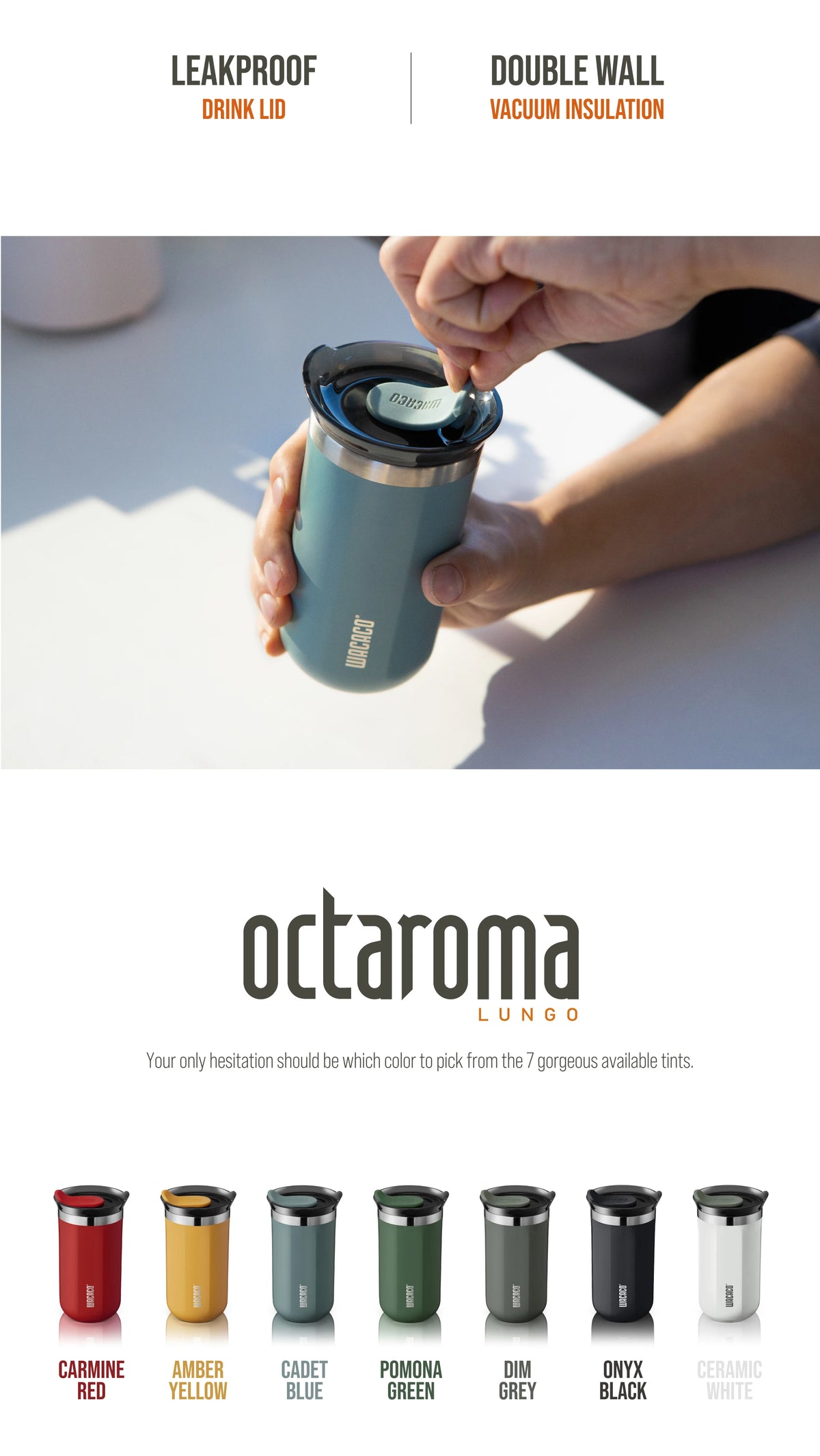 WACACO Octaroma Vacuum Insulated Coffee Mug, Double-wall Stainless Steel Travel Tumbler, 6/10/15 Fl Oz, Thermo, Valentines Gift
