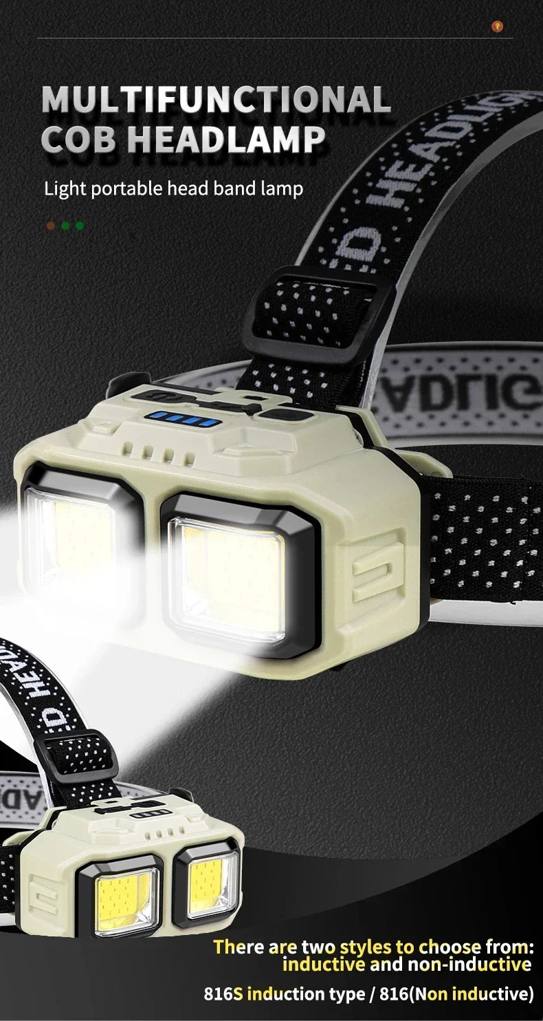 COB LED Powerful Headlamp USB Rechargeable Head Torch USB Rechargeable Waterproof Outdoor Camping Fishing Hunting Search Lantern