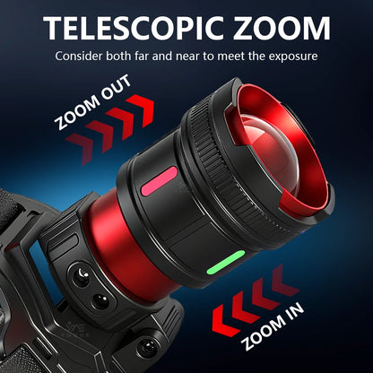 300000LM High Power LED Outdoor Headlamp Portable Rechargeable Waterproof Motion Sensor Telescopic Zoom Work Lamp Camping Hiking