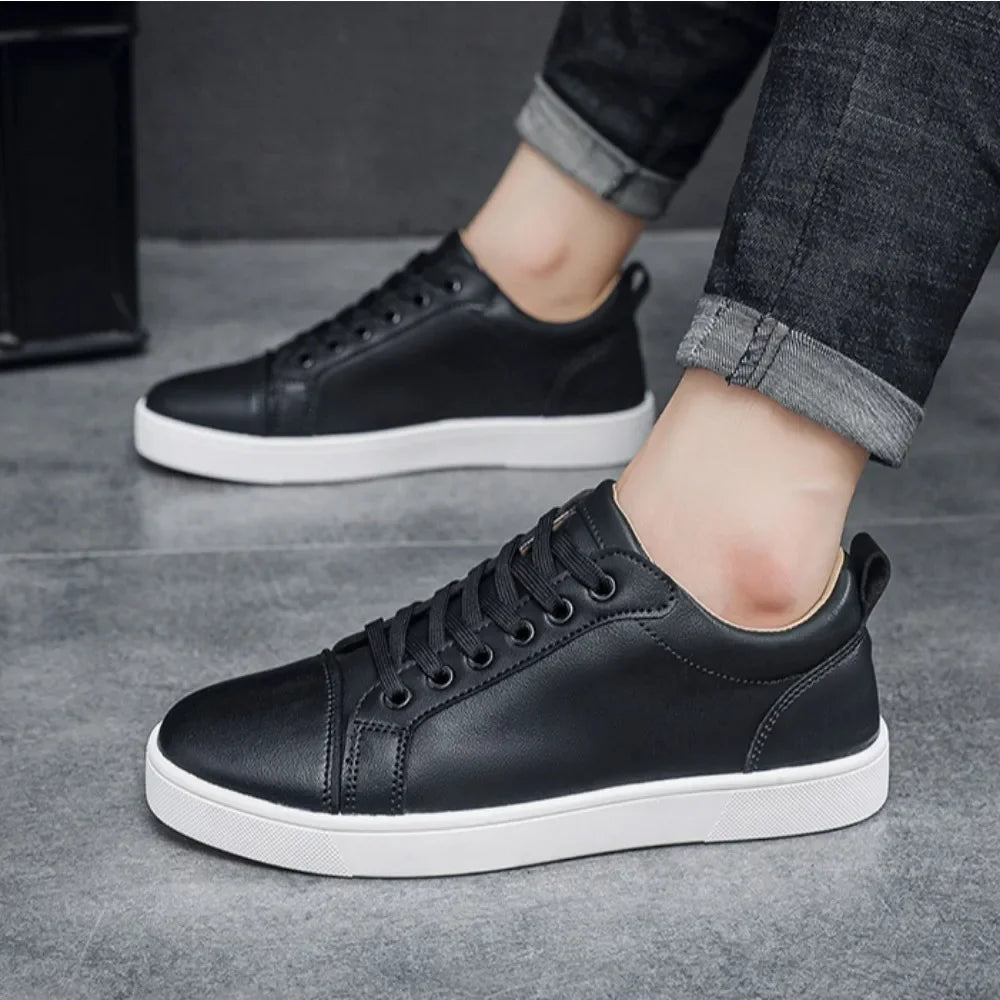 Men’s Minimalist Leather Casual Sneakers – All-Season Board Shoes with Non-Slip Sole