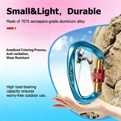 Outdoor Professional Rock Climbing Accessories Aluminum Carabiner 25kN Lock D-Shape Safety Buckle For Keys Tools Equipment