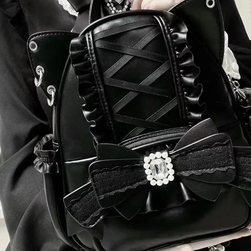 Women Backpack Korean Fashion Y2k Punk Backpack Lace Bow Cat Ear Lotus Lace Decoration Lolita Backbag PU Leather Large Capacity