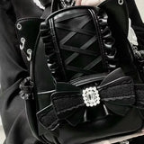 Women Backpack Korean Fashion Y2k Punk Backpack Lace Bow Cat Ear Lotus Lace Decoration Lolita Backbag PU Leather Large Capacity