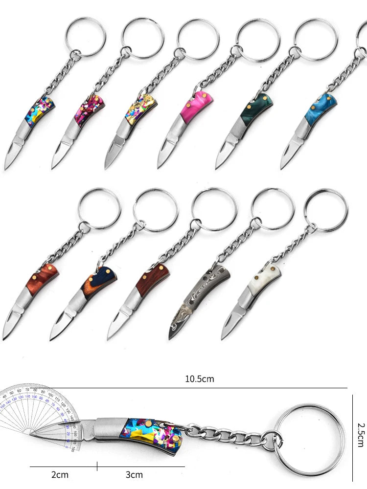 5cm Acrylic Mini Folding Knife Pendant Brass Wood Keychains Sharp Small Blade Portable Hanging Outdoor Camping Unboxing Knife