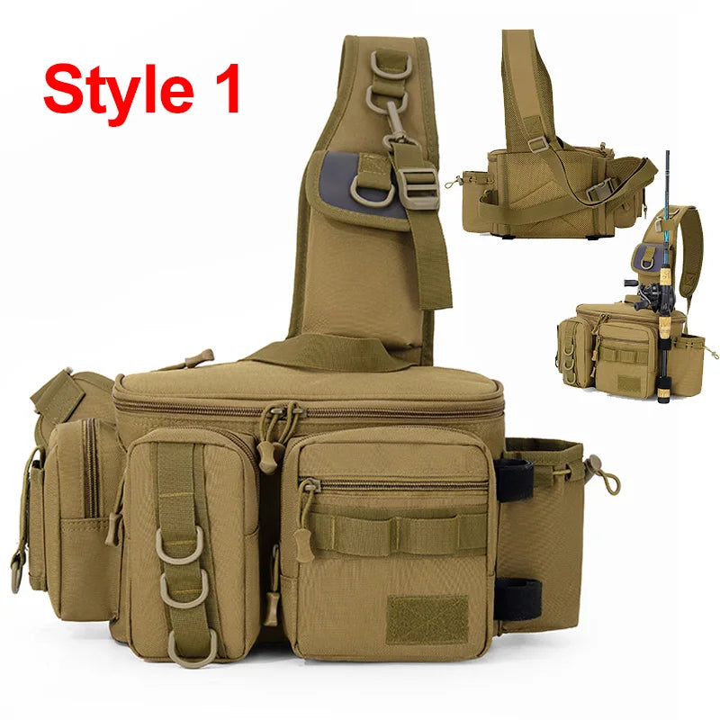 Fishing Tackle Sling Backpack with Rod Holder