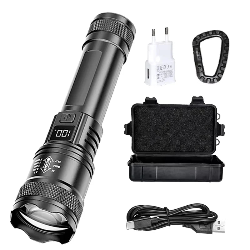High Strong Power Led Flashlights 300000LM Tactical Torch with Display Light USB Charging Camping Fishing Defensa Zoom Lantern