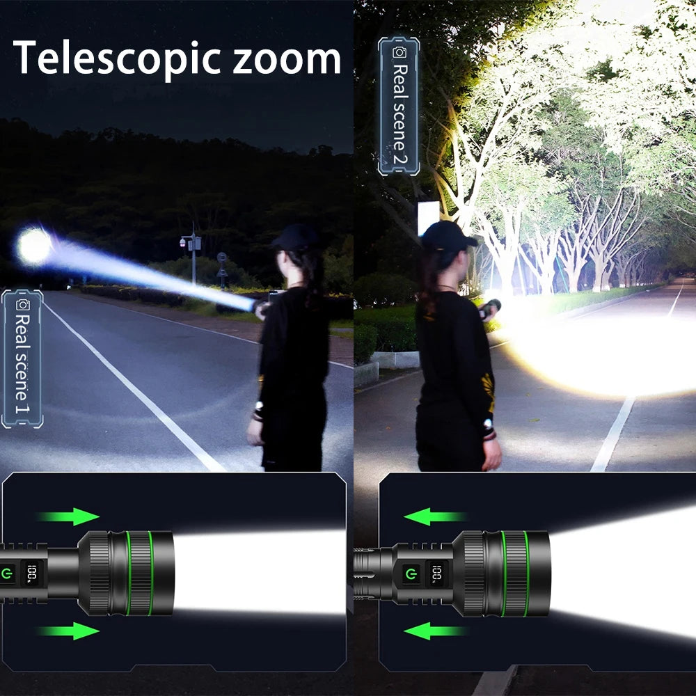 Bright Spotlight Long Range LED Flashlight Type-C Charging Strong Light Lamp Tactical Torch Waterproof Zoom Outdoor Lantern