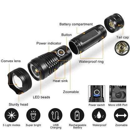 Rechargeable Led High Power Tactical Flashlight Aluminum Alloy Telescopic ZoomTorch Lamp for Outdoor Night Camping Fishing