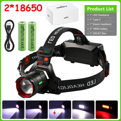 300000LM High Power LED Outdoor Headlamp Portable Rechargeable Waterproof Motion Sensor Telescopic Zoom Work Lamp Camping Hiking