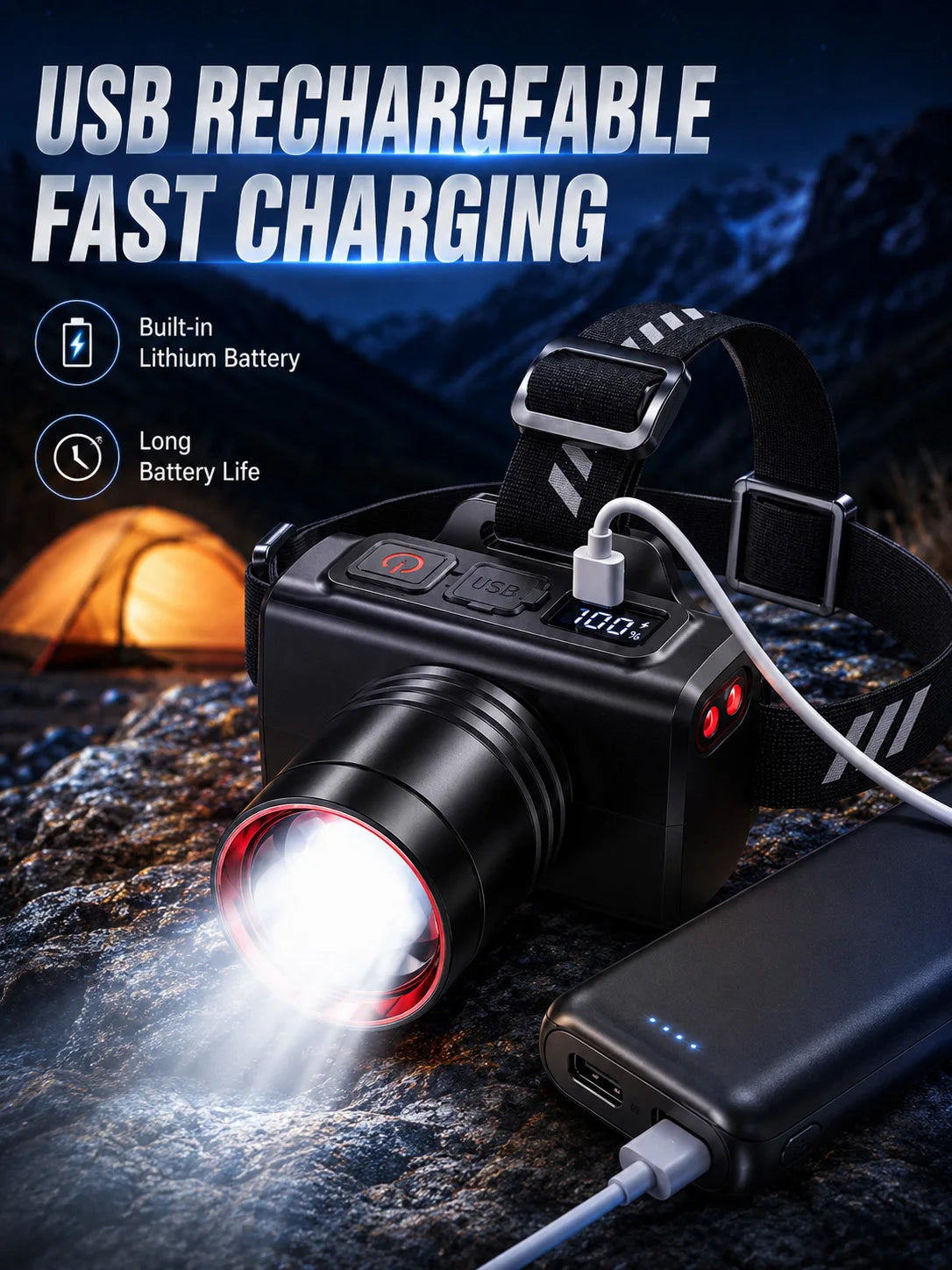 LED Rechargeable Headlamp Adjustable Zoom Waterproof Ultra Bright Headlight USB Head Torch for Camping Hiking Fishing Repair SOS