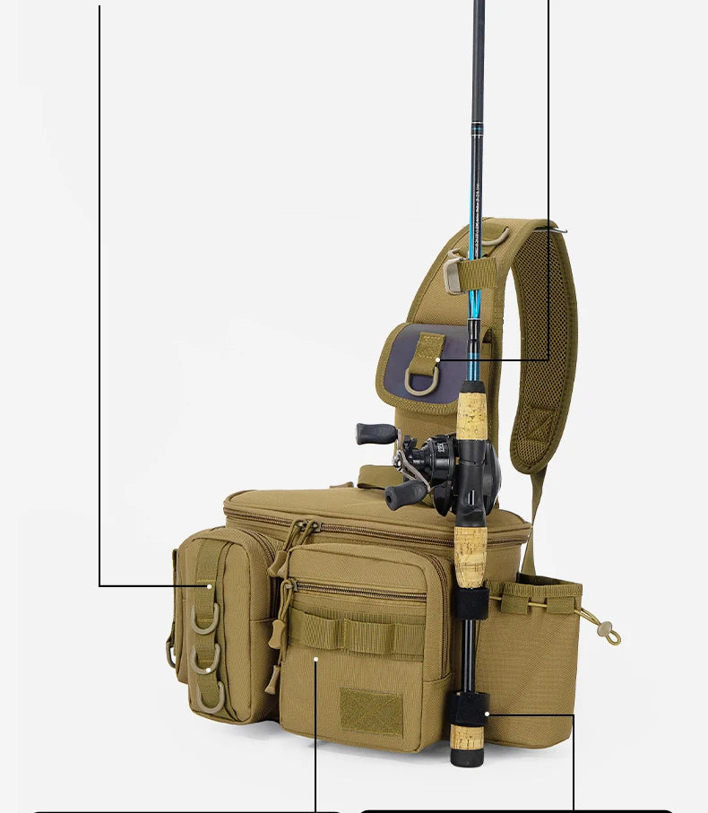 Fishing Tackle Sling Backpack with Rod Holder
