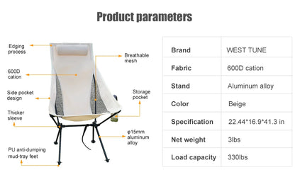 WESTTUNE Portable Folding Camping Chair with Headrest Lightweight Tourist Chairs Aluminum Alloy Fishing Chair Outdoor Furniture