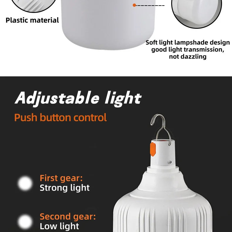 2PCS USB Rechargeable LED Bulb with Hook Portable Emergency Light for Outdoor Camping Fishing Hiking Security