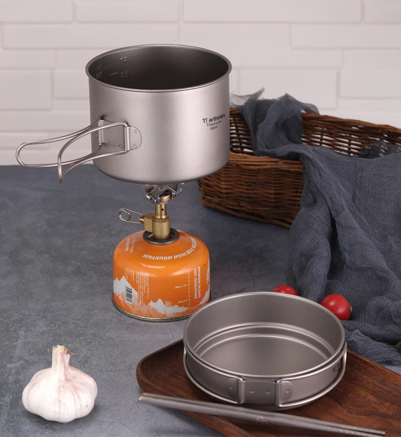 Tiartisan Titanium Folding Handle Camping Pot Frying Pan Set  Lightweight Portable Cookware Equipment For Outdoor Hiking Picnic