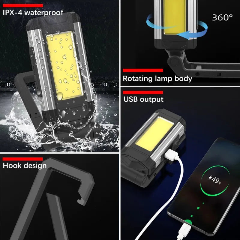 2026 New Magnetic COB Work Light USB Rechargeable LED Flashlight Portable Lantern Camping Light Type-C Power Bank Function Lamps