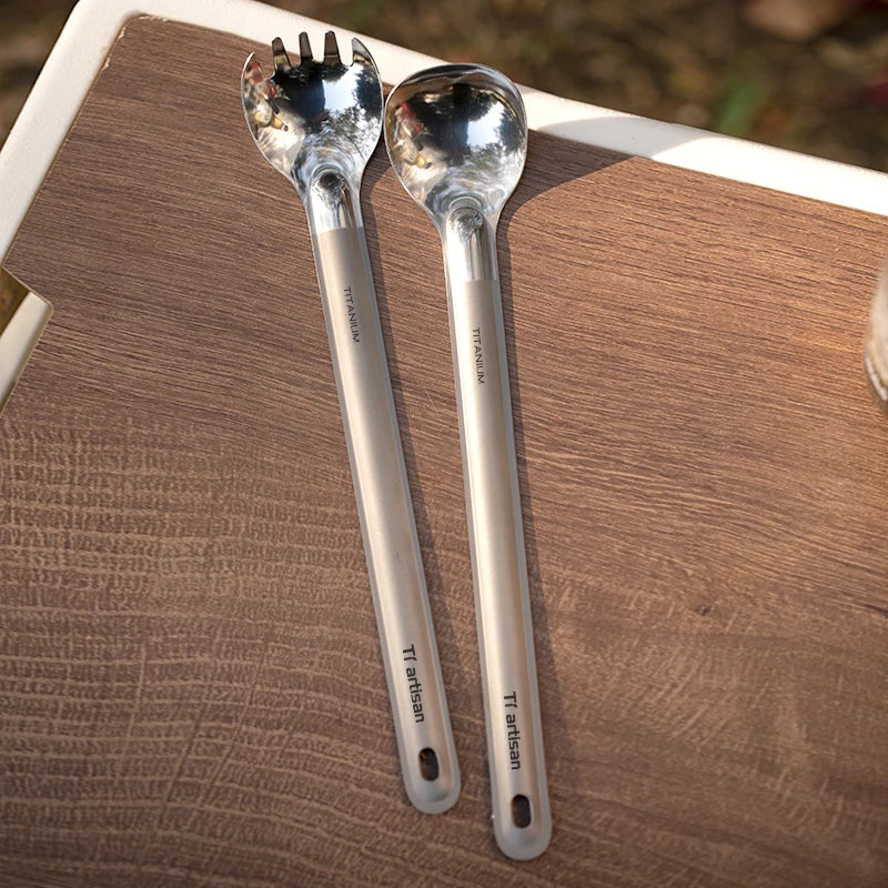 Tiartisan Pure Titanium Cutlery Ultralight Long Handle Spoon Spork Outdoor Camping Portable 2pcs Tableware Set With Storage Bag