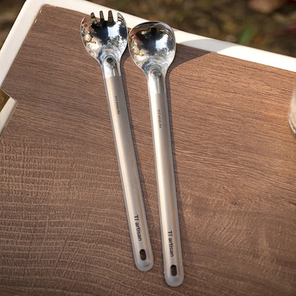 Tiartisan Pure Titanium Cutlery Ultralight Long Handle Spoon Spork Outdoor Camping Portable 2pcs Tableware Set With Storage Bag