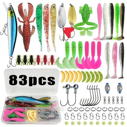 84/107pcs Fishing Lure Kit Soft and Hard Bait Set Gear Layer Metal Jig Spoon For Bass Pike Crank Tackle Accessories with Box
