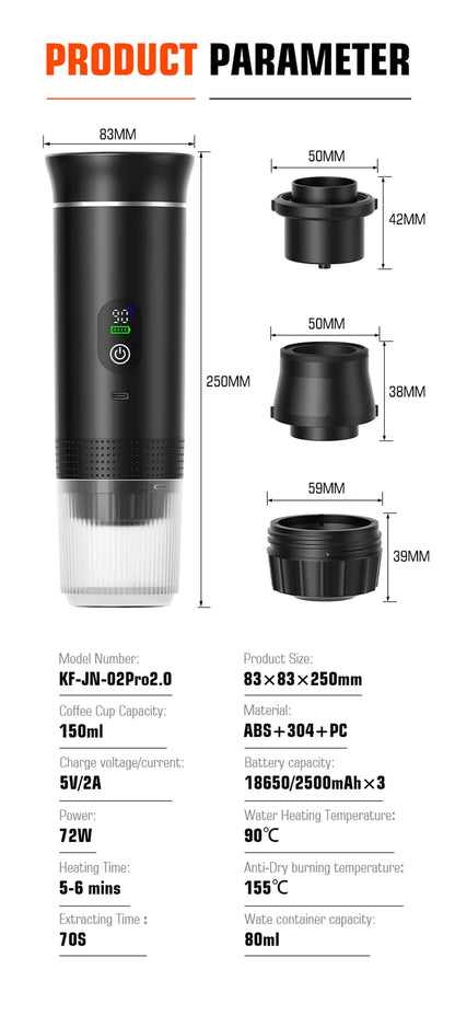 DENOKIN Portable Espresso Coffee Machine With Digital Display 3-in-1 Capsule Coffee Maker for Car & Home Camping Coffee Maker