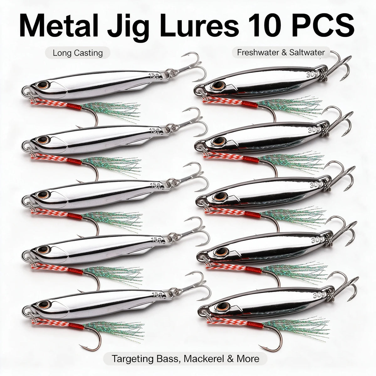 10Pcs Metal Casting Jig Spoon Lure Set 30g 40g With Hook Sea Bass Casting Jigging Artificial Bait, Mackerel