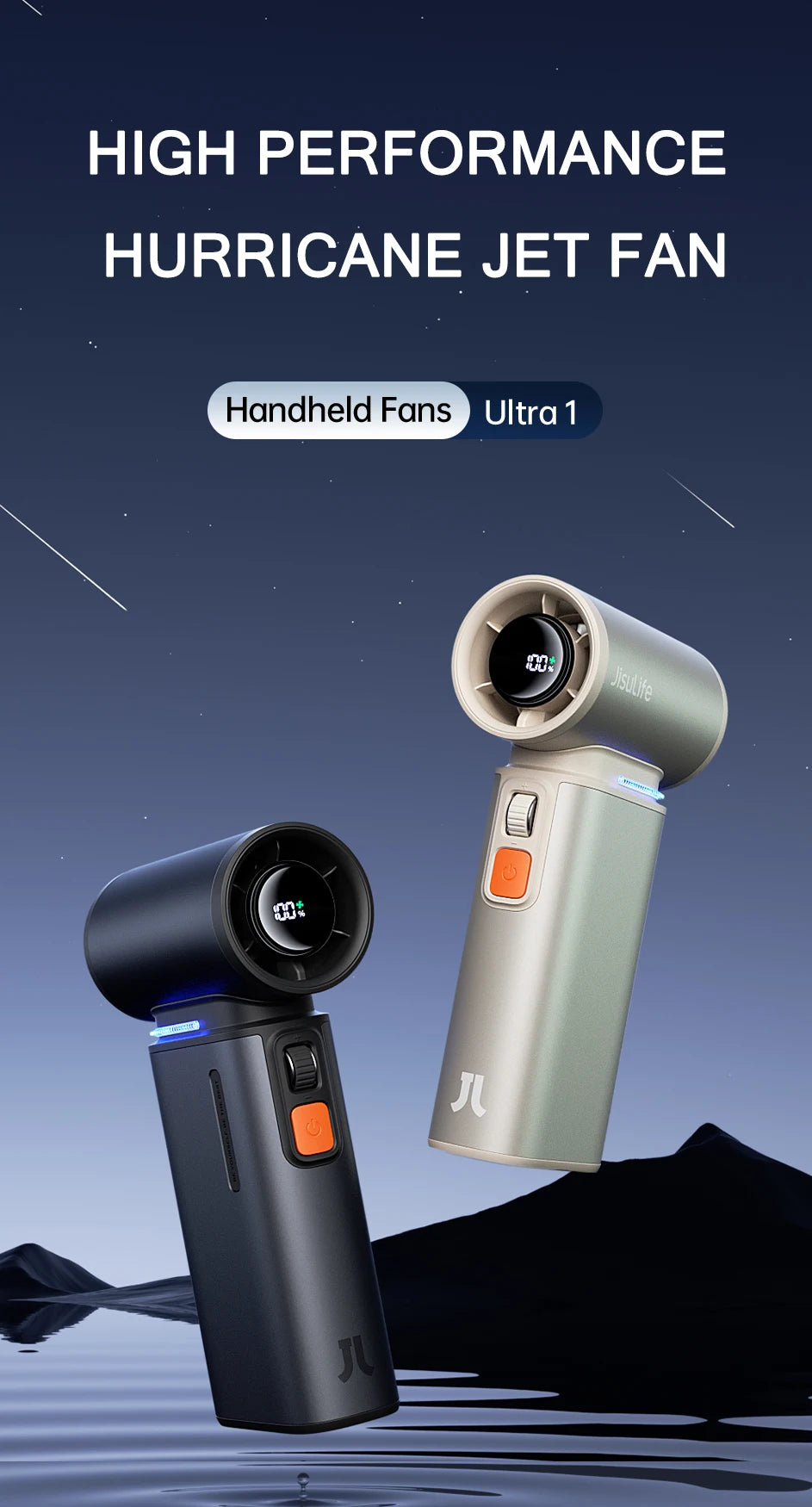 JISULIFE Portable Turbo Handheld Fan, 100 Winds Speeds Adjustable, 9000 mAh Rechargeable Battery, LED Display, Outdoor Camping