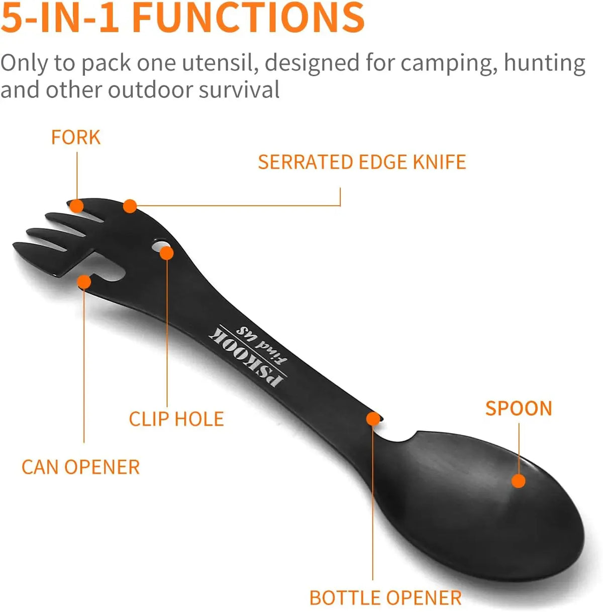 PSKOOK 5-in-1 Utility Tactical Spork, Stainless Steel Spoon & Bottle Opener, Fork & Knife, Can Opener Combo Camping Utensil