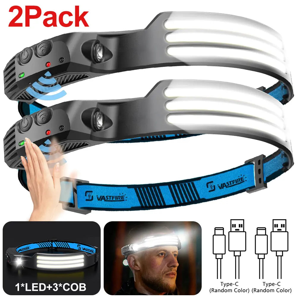 Induction Headlamp COB+LED Head Flashlight Built in Battery USB Rechargeable Outdoor Waterproof Camping Fishing Work Lantern ﻿