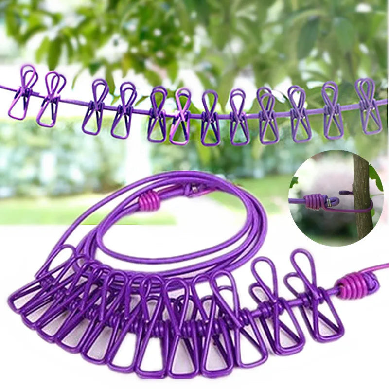 4M Outdoor Camping Non-slip Stretch Clothesline With 12 Clips Travel Stretchy Clothesline Sock Line Hanging Laundry Drying Rope