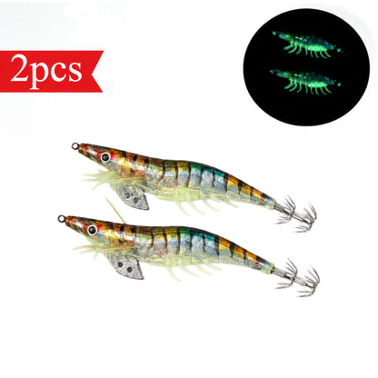 2pcs/set Glow Squid Jigs Set 13cm Simulation Shrimp Fishing Lure 3.5# Wood Shrimp Jig Lure Saltwater Cuttlefish Octopus Tackle