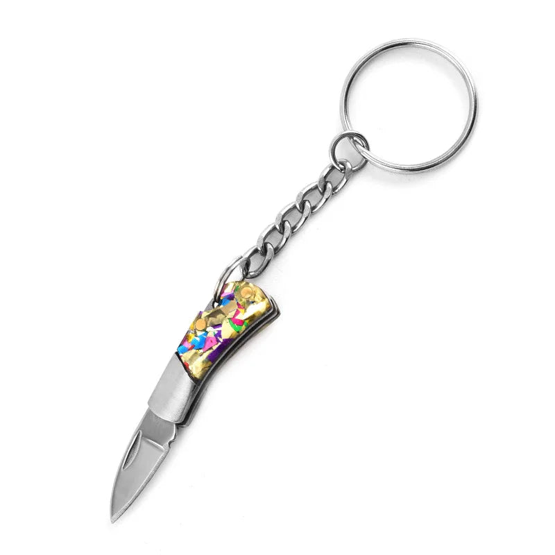 5cm Acrylic Mini Folding Knife Pendant Brass Wood Keychains Sharp Small Blade Portable Hanging Outdoor Camping Unboxing Knife
