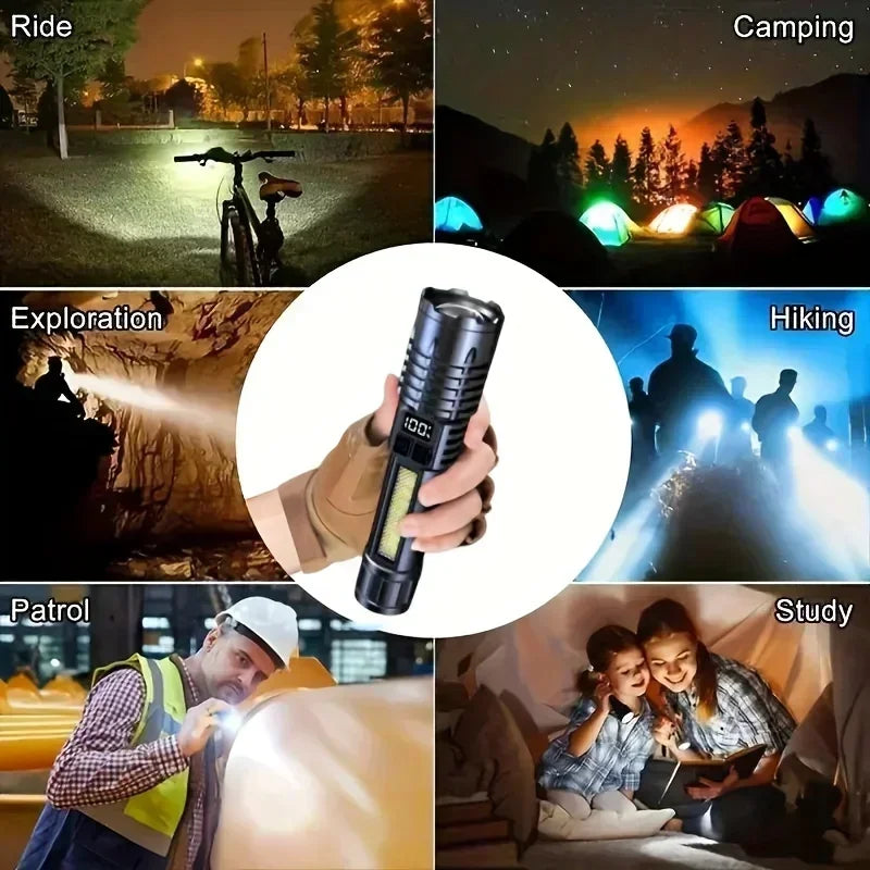 High Power LED Flashlights With Display Screen Zoom Tactical Torch Portable Rechargeable Lamp with Emergency Side Light Lantern