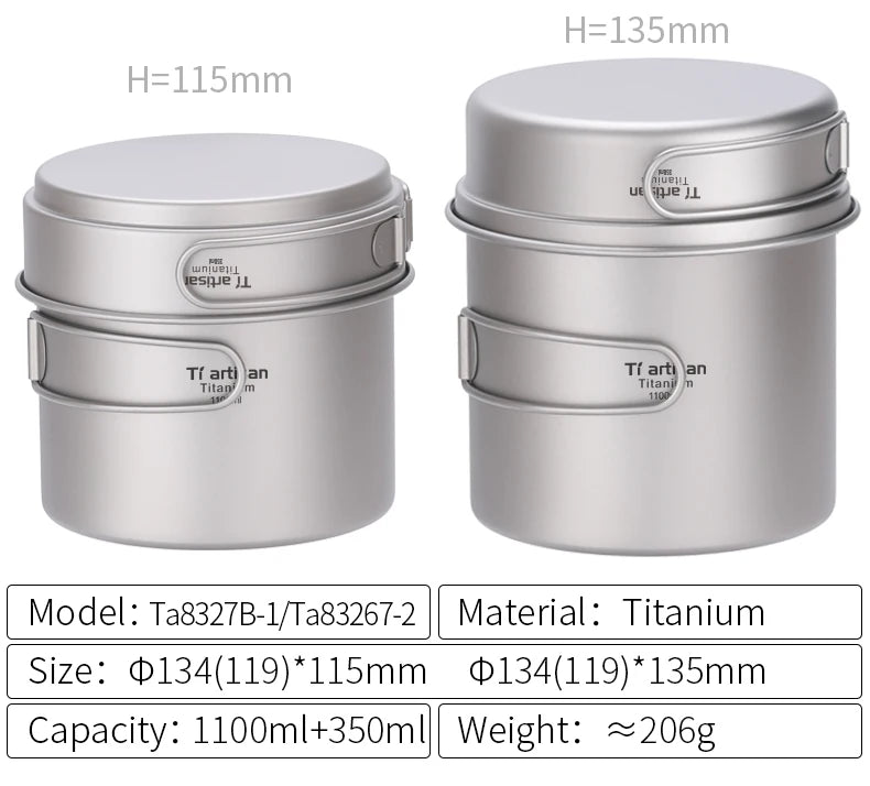 Tiartisan Titanium Folding Handle Camping Pot Frying Pan Set  Lightweight Portable Cookware Equipment For Outdoor Hiking Picnic
