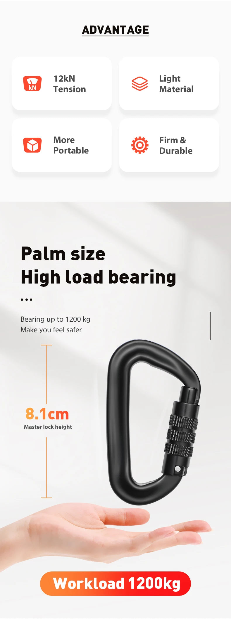 CLIWIZ 12KN Professional D-Shaped Aluminum Carabiner Key Hooks Lip Camping Keyring Snap Hook Outdoor Hiking Tool