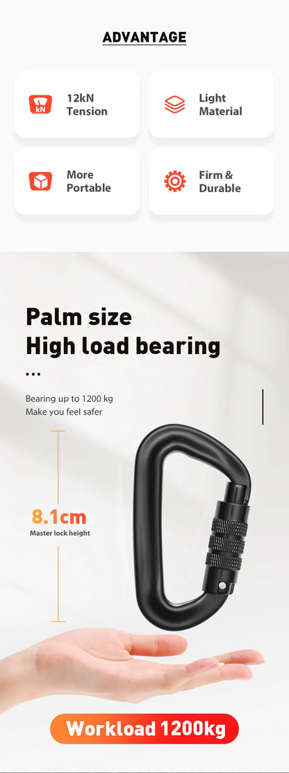 CLIWIZ 12KN Professional D-Shaped Aluminum Carabiner Key Hooks Lip Camping Keyring Snap Hook Outdoor Hiking Tool
