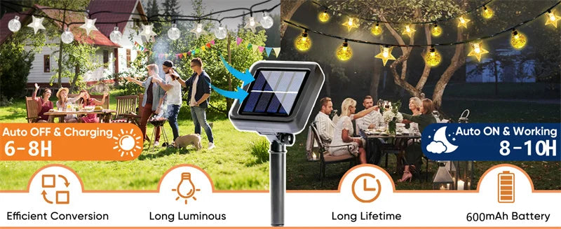 Solar LED String Lights Outdoor Camping Decor Crystal Ball and Stars String Lights 8 Modes Solar Lamp for Halloween Christmas