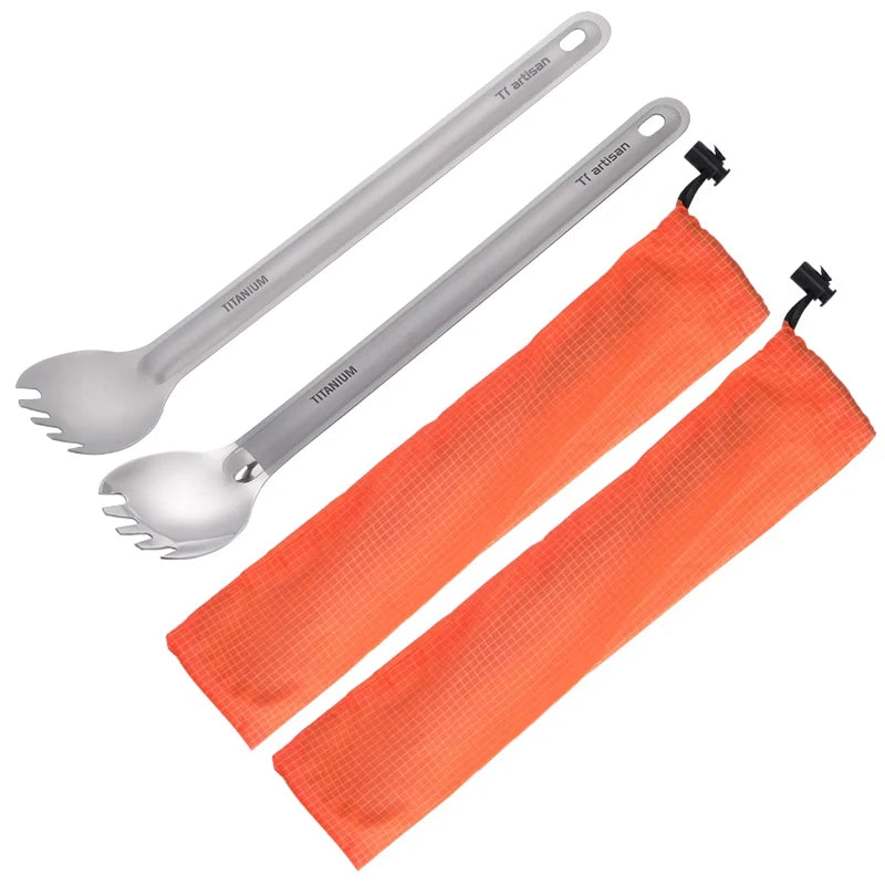 Tiartisan Pure Titanium Cutlery Ultralight Long Handle Spoon Spork Outdoor Camping Portable 2pcs Tableware Set With Storage Bag