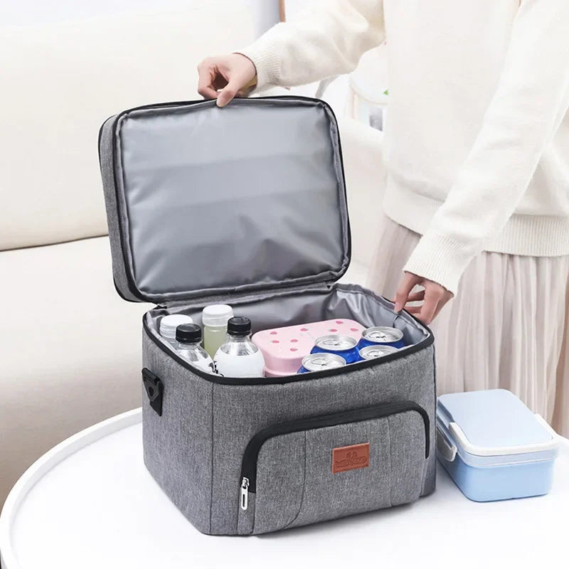Insulated Double-Layer Tote Cooler Bag - Large Capacity Lunch Box Women/Men, Leakproof Picnic & School Bag with Adjustable Strap
