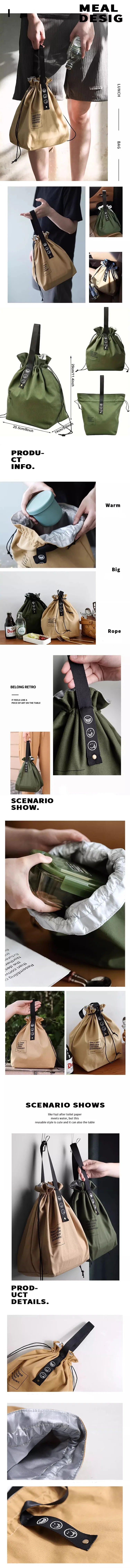 Canvas Folding Lunch Bag Portable Insulated Drawstring Closure Bento Cooler Tote For Work School Picnic Camping