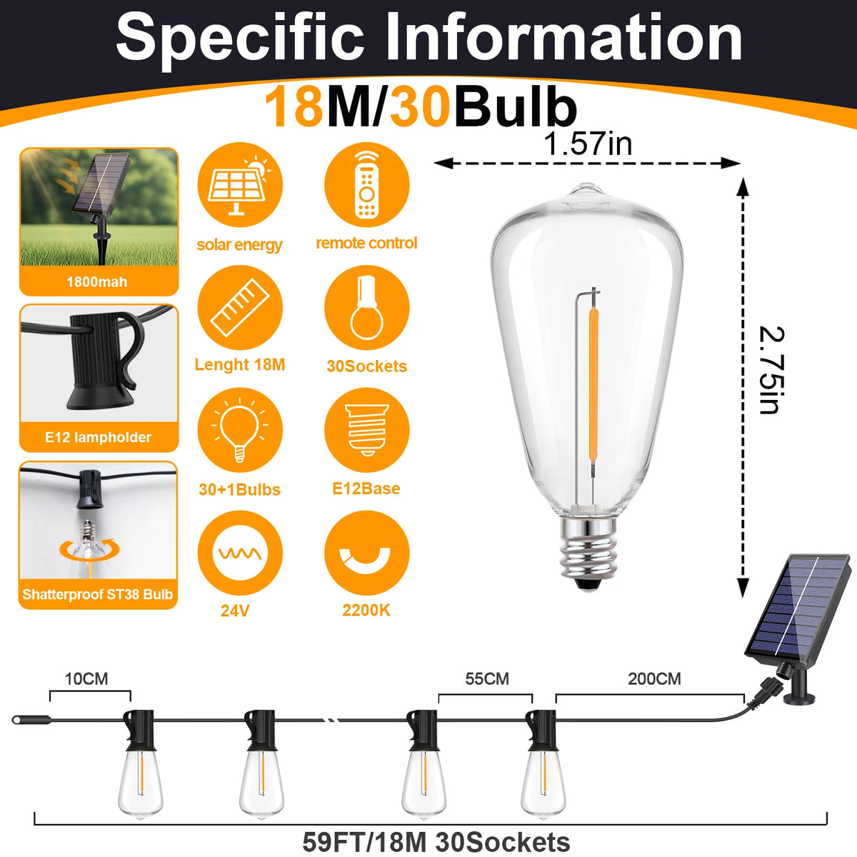 Solar Globe LED String Lights G40 Patio Light USB Recharger 8 Light Modes Remote Control Garden Solar Weatherproof Hanging Light