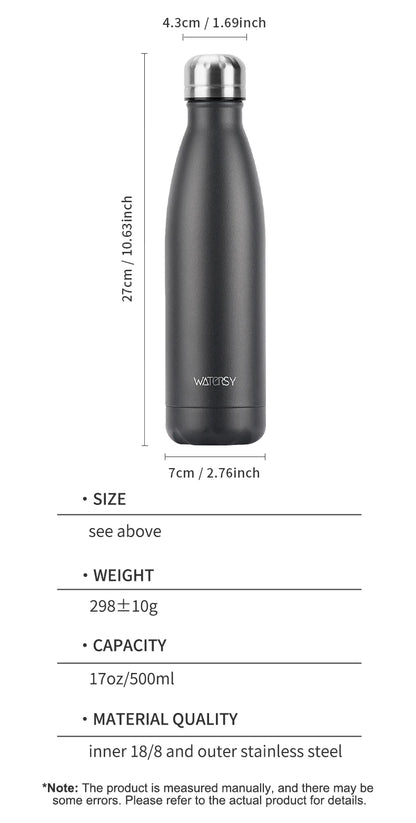 WATERSY 500ml Stainless Steel Water Bottle Insulated Vacuum Flask Double Wall Thermal Cup Keep Cold Hot Sports Kettle