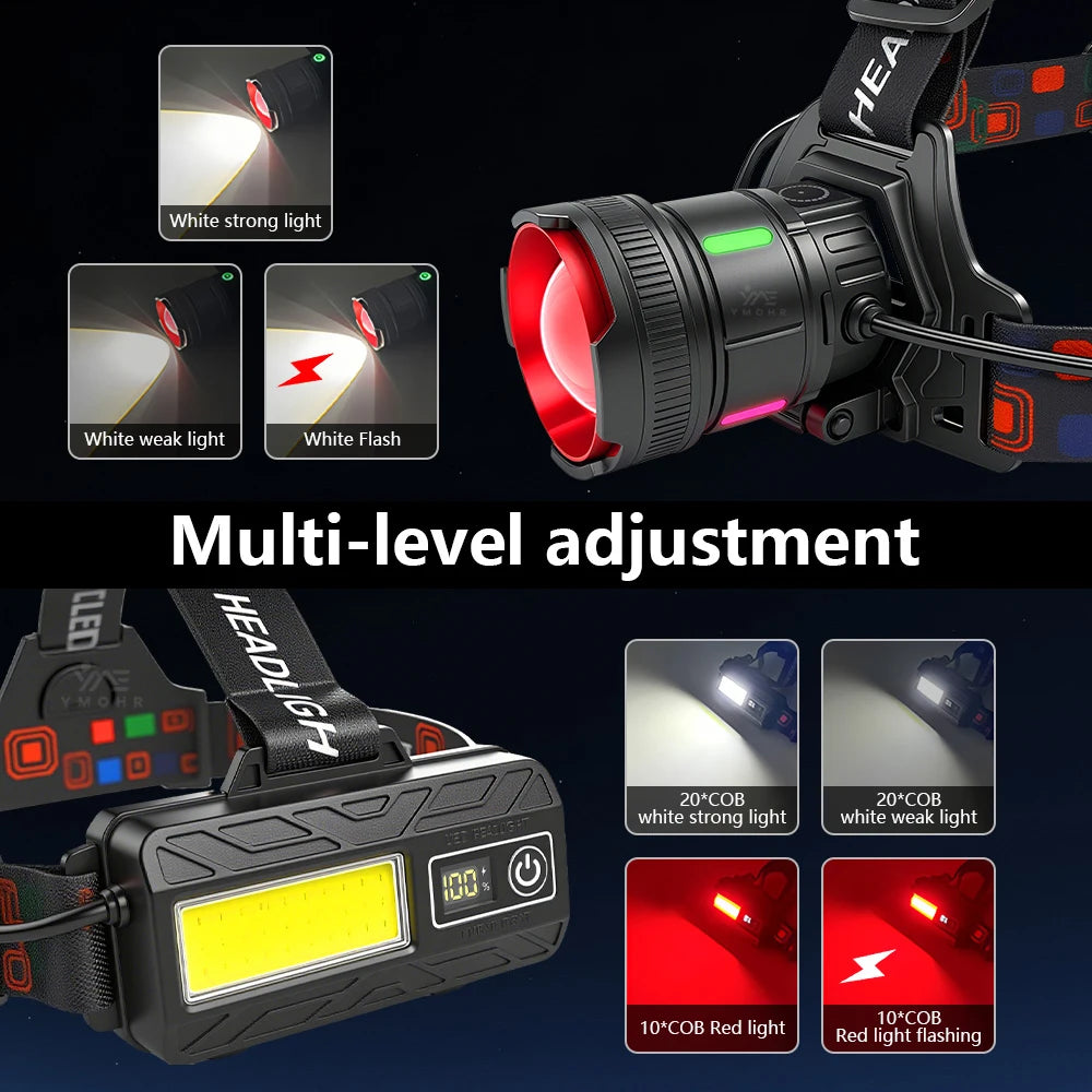300000LM High Power LED Outdoor Headlamp Portable Rechargeable Waterproof Motion Sensor Telescopic Zoom Work Lamp Camping Hiking