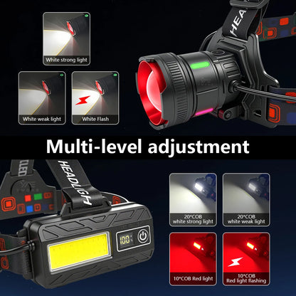 300000LM High Power LED Outdoor Headlamp Portable Rechargeable Waterproof Motion Sensor Telescopic Zoom Work Lamp Camping Hiking