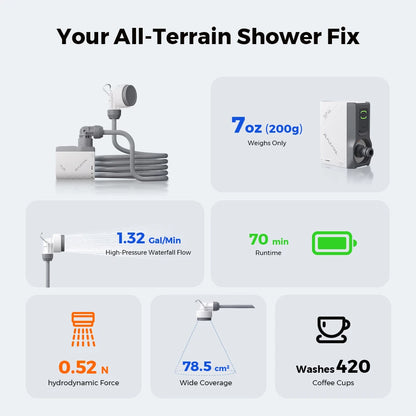 FLEXTAIL Portable Shower Pump, IPX7 Waterproof Pump Head and Hose Set, Rechargeable Water Pump for Camping, Outdoor Shower