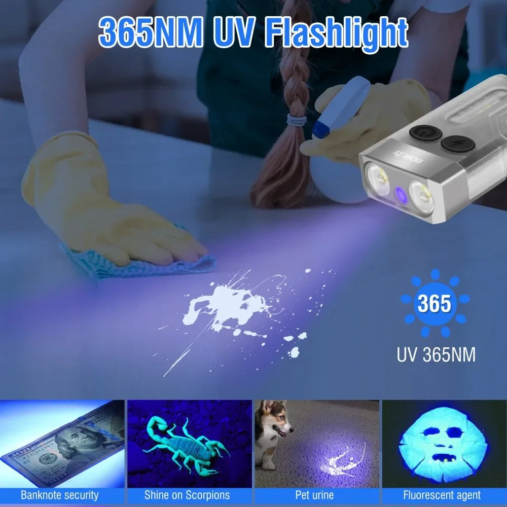 BORUiT V10 UV Keychain Flashlight – 1000LM, Type-C, Magnetic
