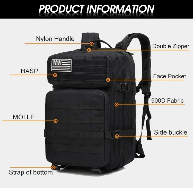 2Q-50L Tactical Backpack Men's Travel Large Capacity Rucksacks Men Waterproof Outdoor 1Sports Multi-functional Bags