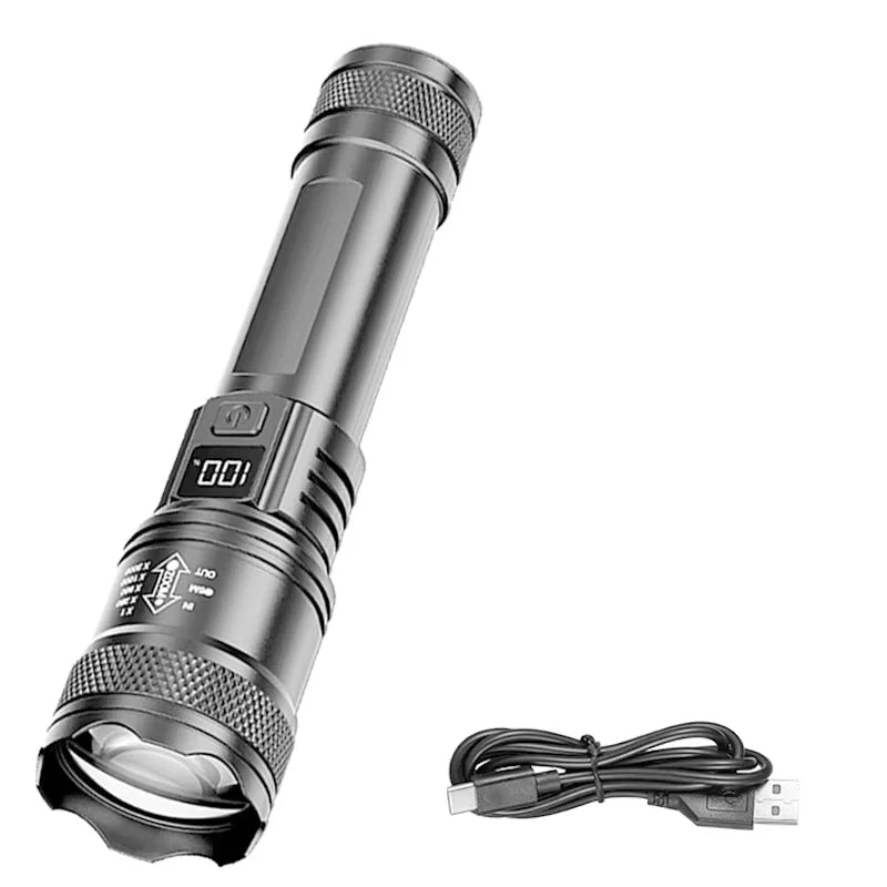 High Power LED Flashlights With Display Screen Zoom Tactical Torch Portable Rechargeable Lamp with Emergency Side Light Lantern