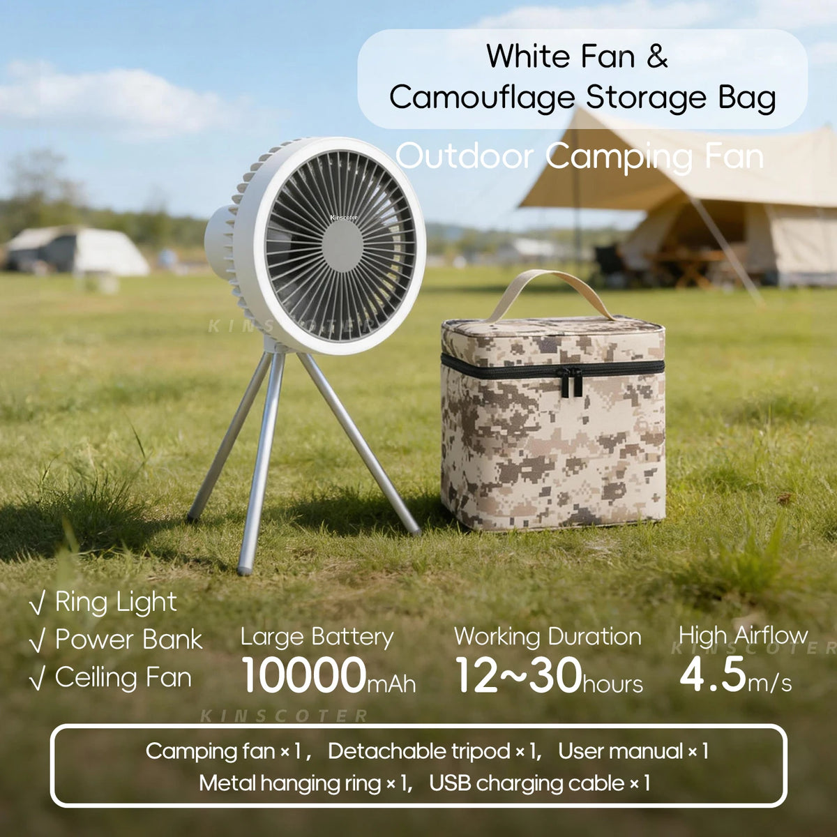 10000mAh 4000mAh Camping Fan Rechargeable Desktop Portable Circulator Wireless Ceiling Electric Fan with Power Bank LED Lighting