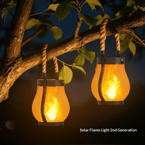 Solar Flame Rope Lantern Type-C Fast Charging Waterproof Hanging Lamp with Flickering 3D Flame for Garden Patio Camping Decor