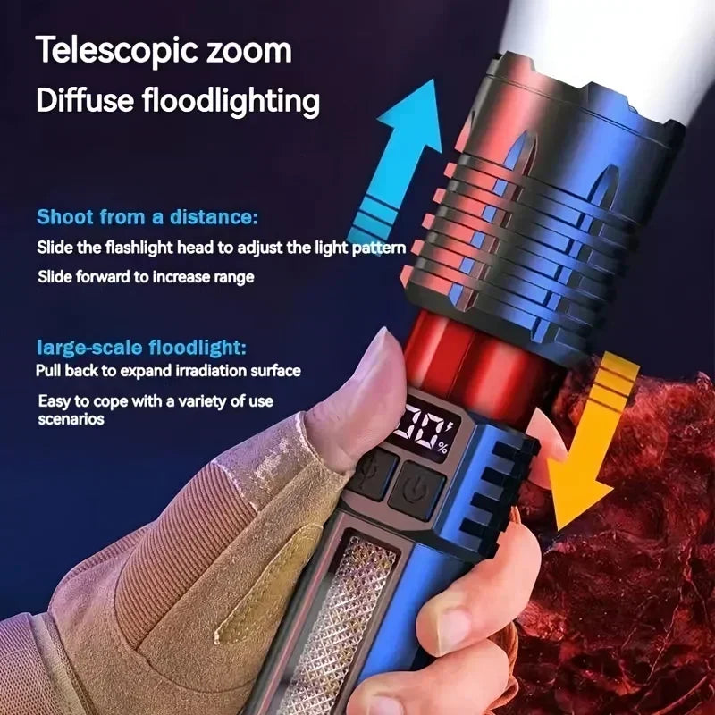 High Power LED Flashlights With Display Screen Zoom Tactical Torch Portable Rechargeable Lamp with Emergency Side Light Lantern